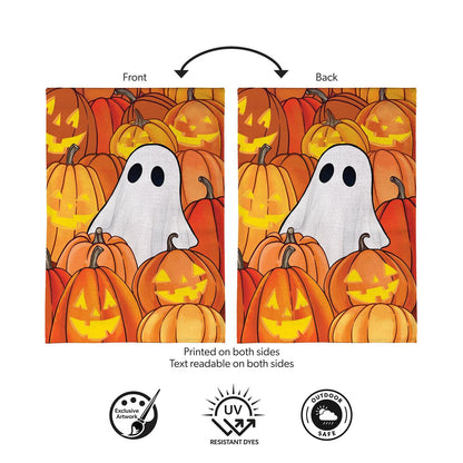 Pumpkin Patch Ghost Burlap Garden Flag; Polyester 12.5"x18"