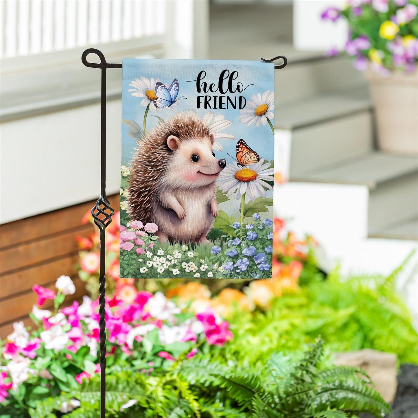 Hedgehog & Daisies Burlap Garden Flag; Polyester 12.5"x18"