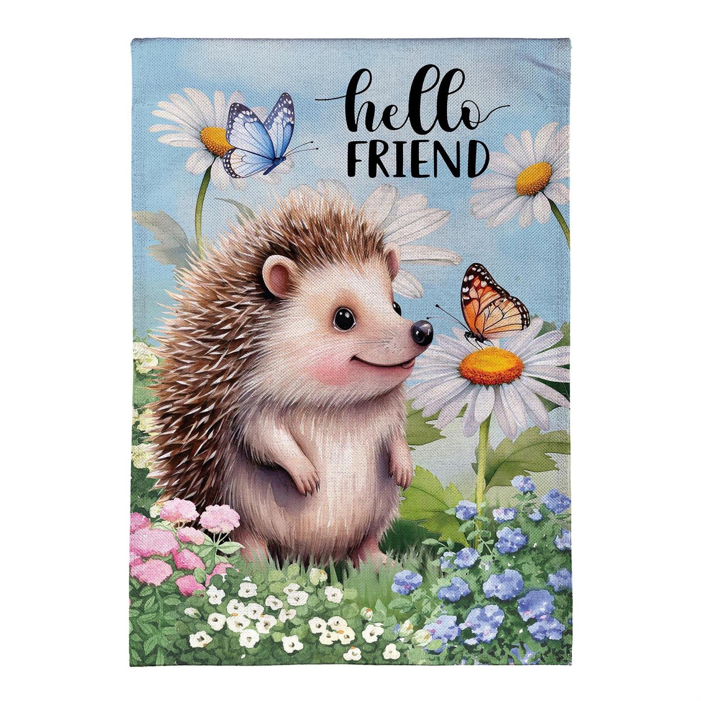 Hedgehog & Daisies Burlap Garden Flag; Polyester 12.5"x18"