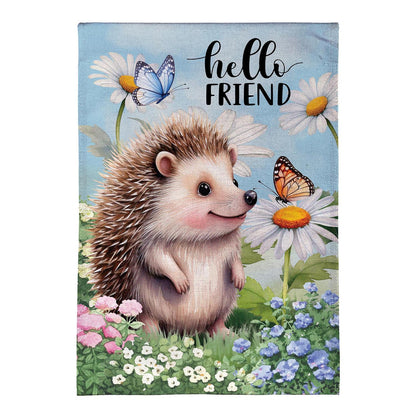 Hedgehog & Daisies Burlap Garden Flag; Polyester 12.5"x18"