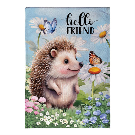 Hedgehog & Daisies Burlap Garden Flag; Polyester 12.5"x18"