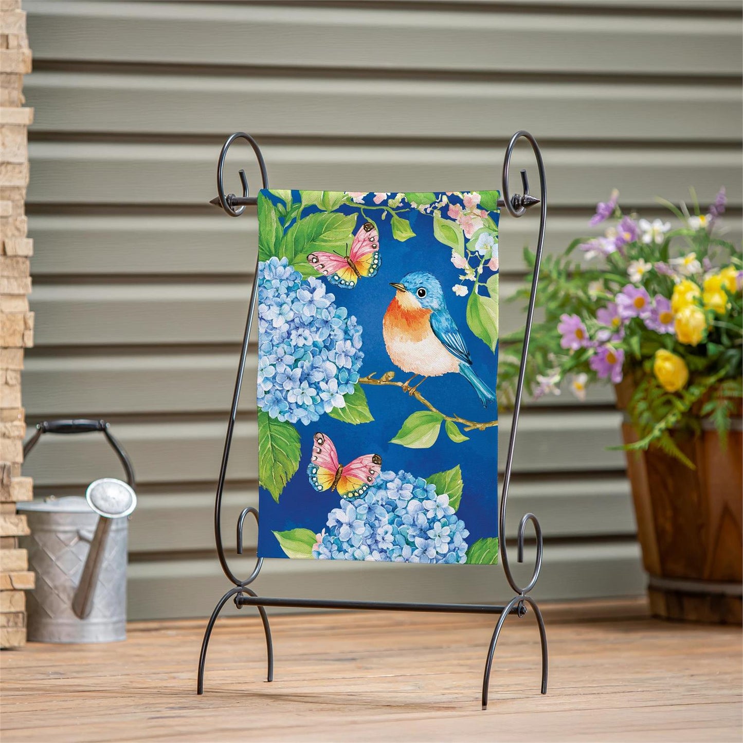 Bluebird and Hydrangea Burlap Garden Flag; Polyester 12.5"x18"