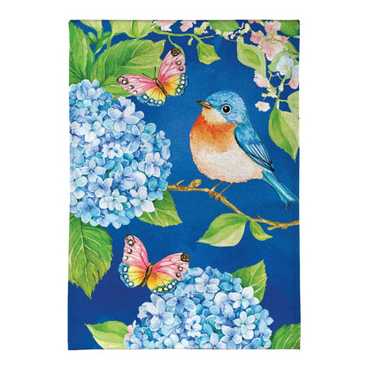 Bluebird and Hydrangea Burlap Garden Flag; Polyester 12.5"x18"