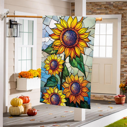 Stained Glass Sunflower Stalk Burlap House Flag; Polyester 28"x44"