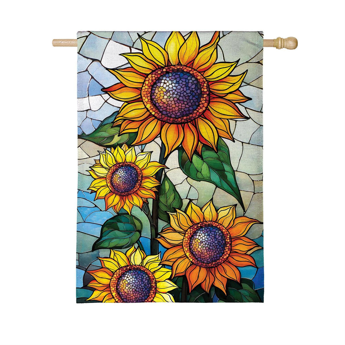 Stained Glass Sunflower Stalk Burlap House Flag; Polyester 28"x44"