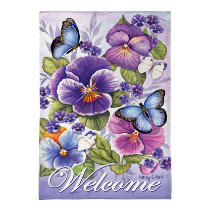 Cheerful Pansies Burlap Garden Flag; Polyester 12.5"x18"