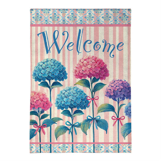 Vintage Hydrangea Burlap House Flag; Polyester 28"x44"