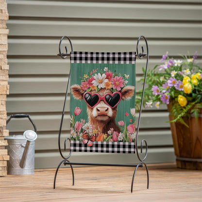 Floral Sunglasses Highland Cow Burlap Garden Flag; Polyester 12.5"x18"