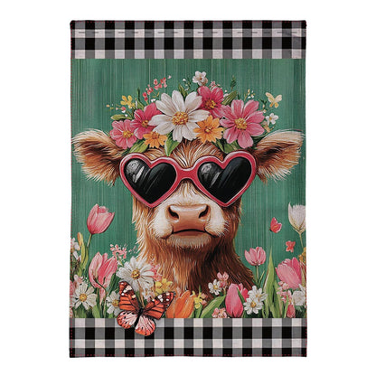 Floral Sunglasses Highland Cow Burlap Garden Flag; Polyester 12.5"x18"