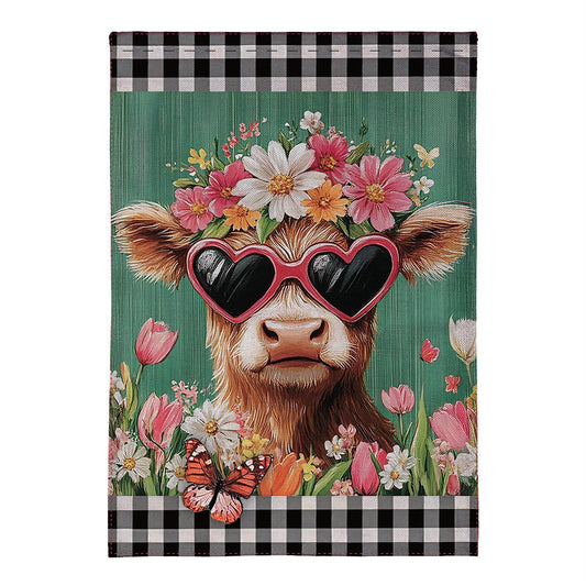 Floral Sunglasses Highland Cow Burlap Garden Flag; Polyester 12.5"x18"