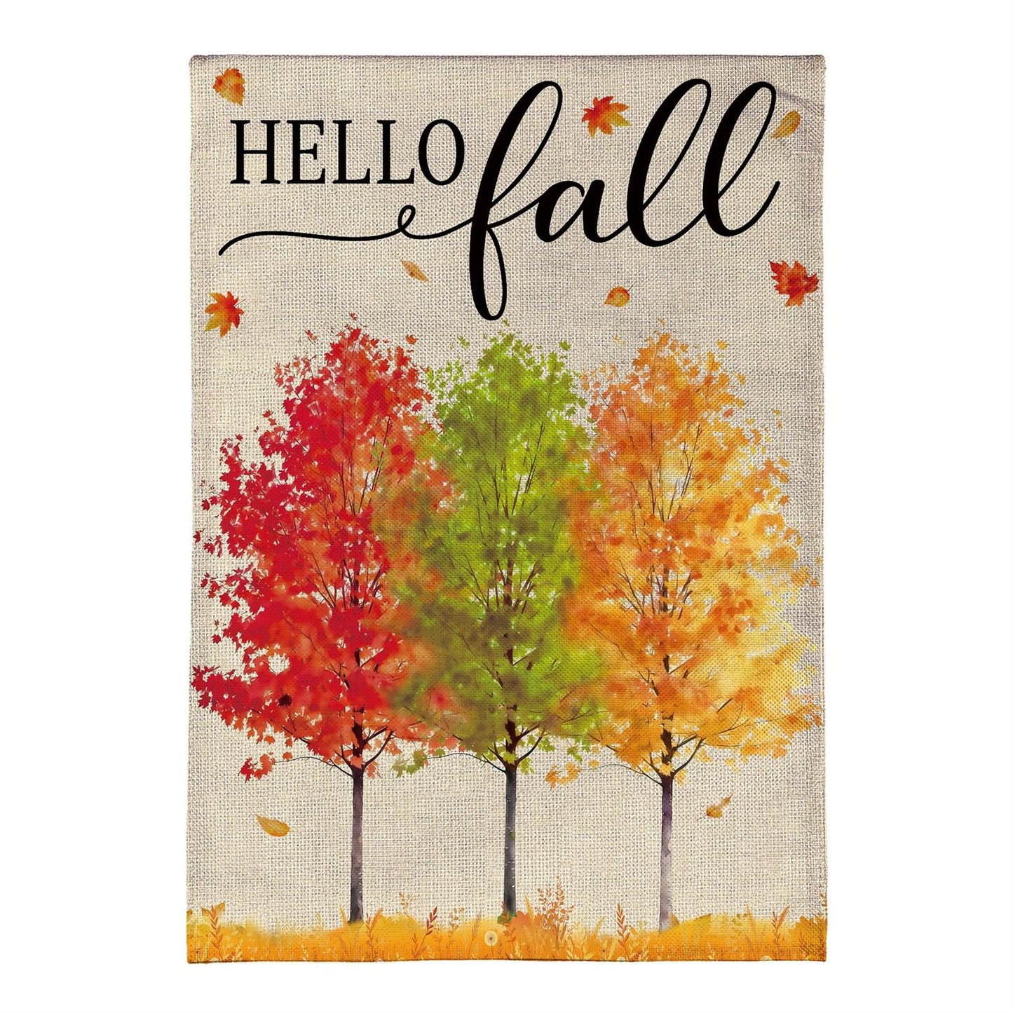 Hello Fall Autumn Trees Burlap Garden Flag; Polyester 12.5"x18"