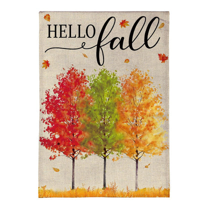 Hello Fall Autumn Trees Burlap Garden Flag; Polyester 12.5"x18"