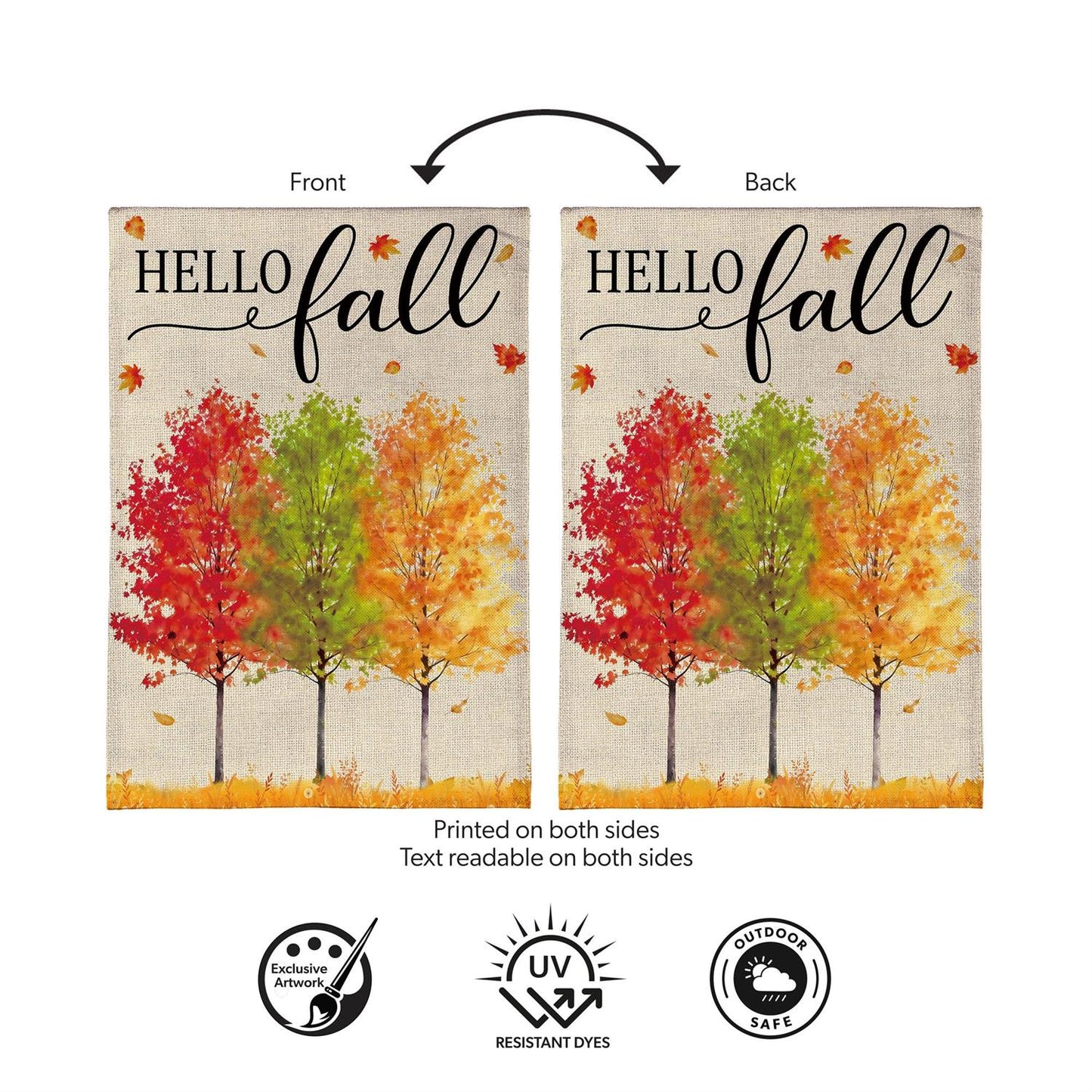 Hello Fall Autumn Trees Burlap Garden Flag; Polyester 12.5"x18"