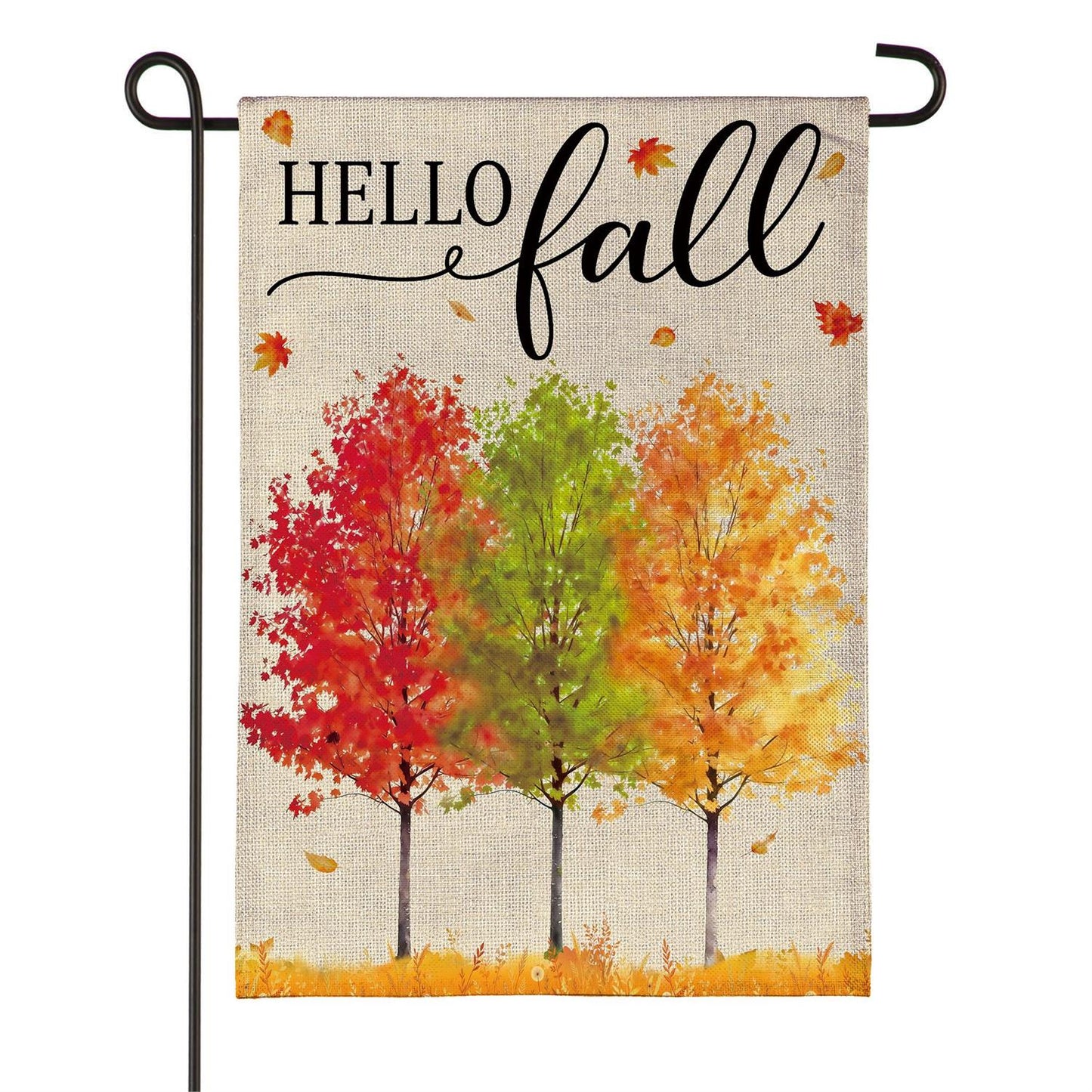 Hello Fall Autumn Trees Burlap Garden Flag; Polyester 12.5"x18"