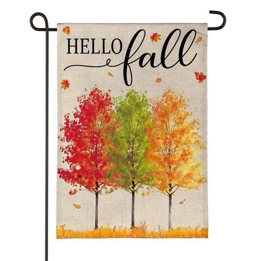 Hello Fall Autumn Trees Burlap Garden Flag; Polyester 12.5"x18"