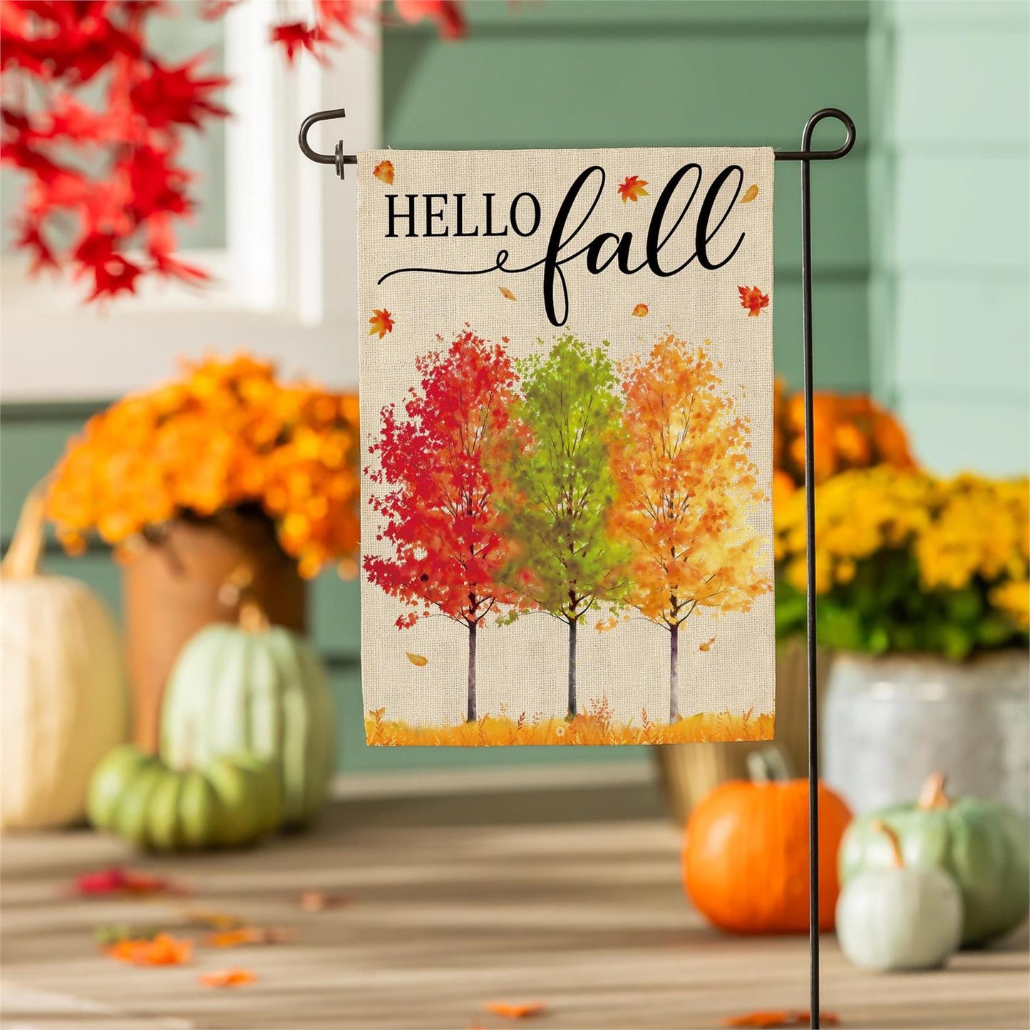 Hello Fall Autumn Trees Burlap Garden Flag; Polyester 12.5"x18"