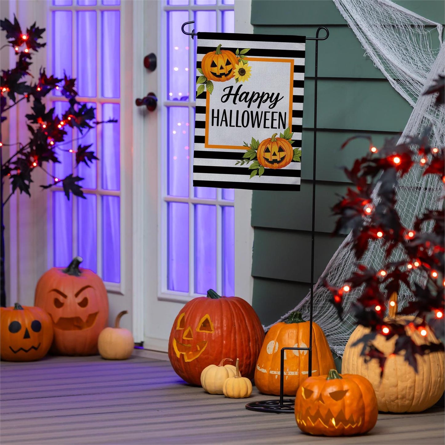 Happy Halloween Striped Jack O' Lanterns Burlap Garden Flag; Polyester 12.5"x18"