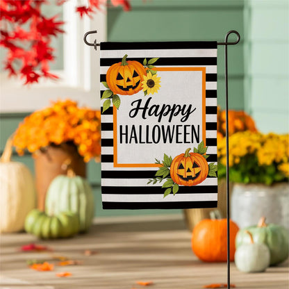 Happy Halloween Striped Jack O' Lanterns Burlap Garden Flag; Polyester 12.5"x18"