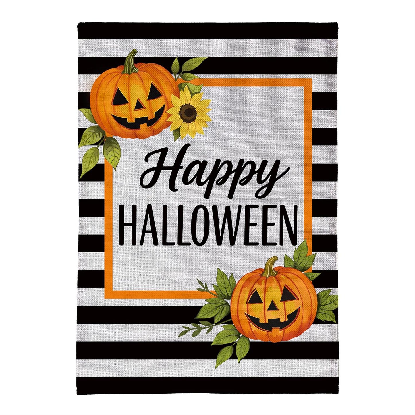 Happy Halloween Striped Jack O' Lanterns Burlap Garden Flag; Polyester 12.5"x18"