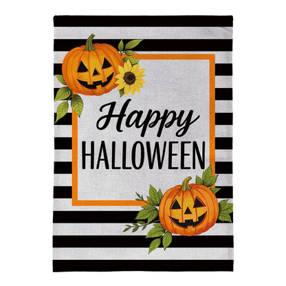 Happy Halloween Striped Jack O' Lanterns Burlap Garden Flag; Polyester 12.5"x18"