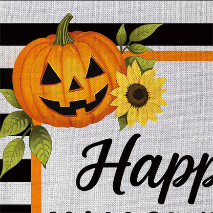 Happy Halloween Striped Jack O' Lanterns Burlap Garden Flag; Polyester 12.5"x18"