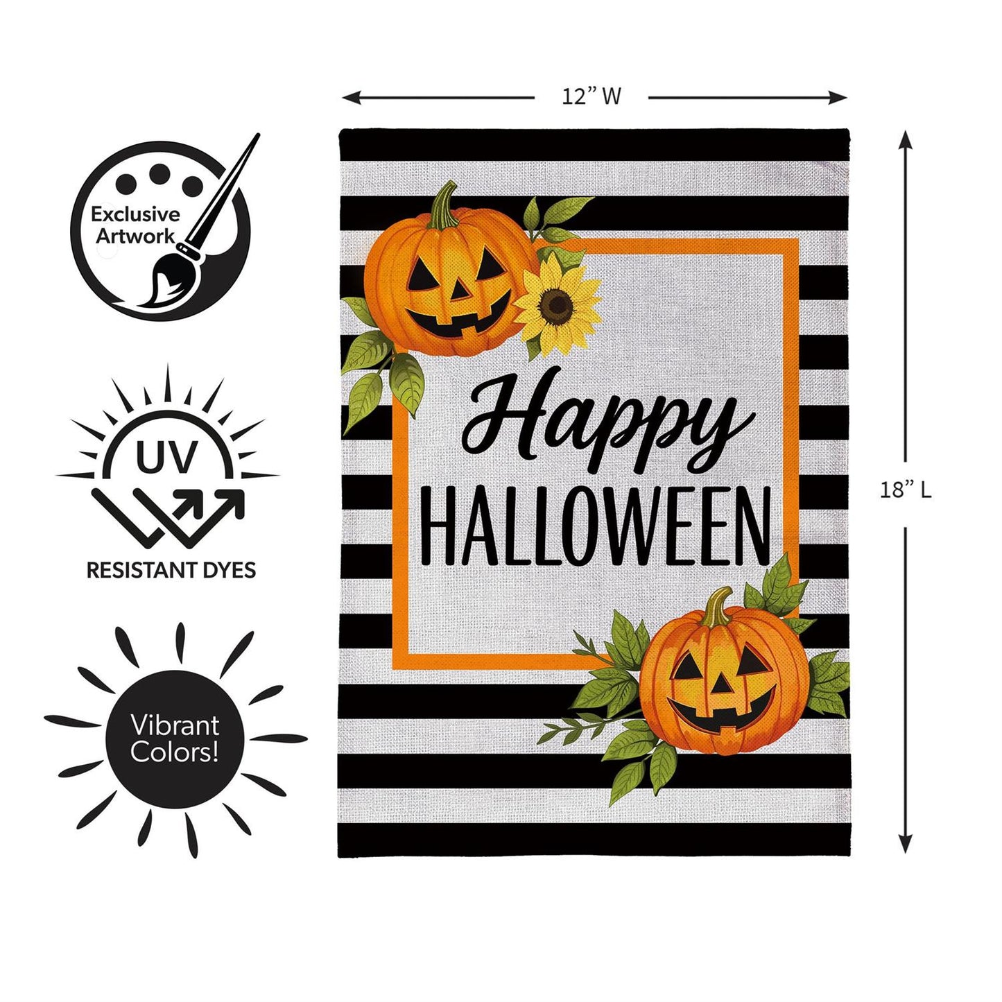 Happy Halloween Striped Jack O' Lanterns Burlap Garden Flag; Polyester 12.5"x18"