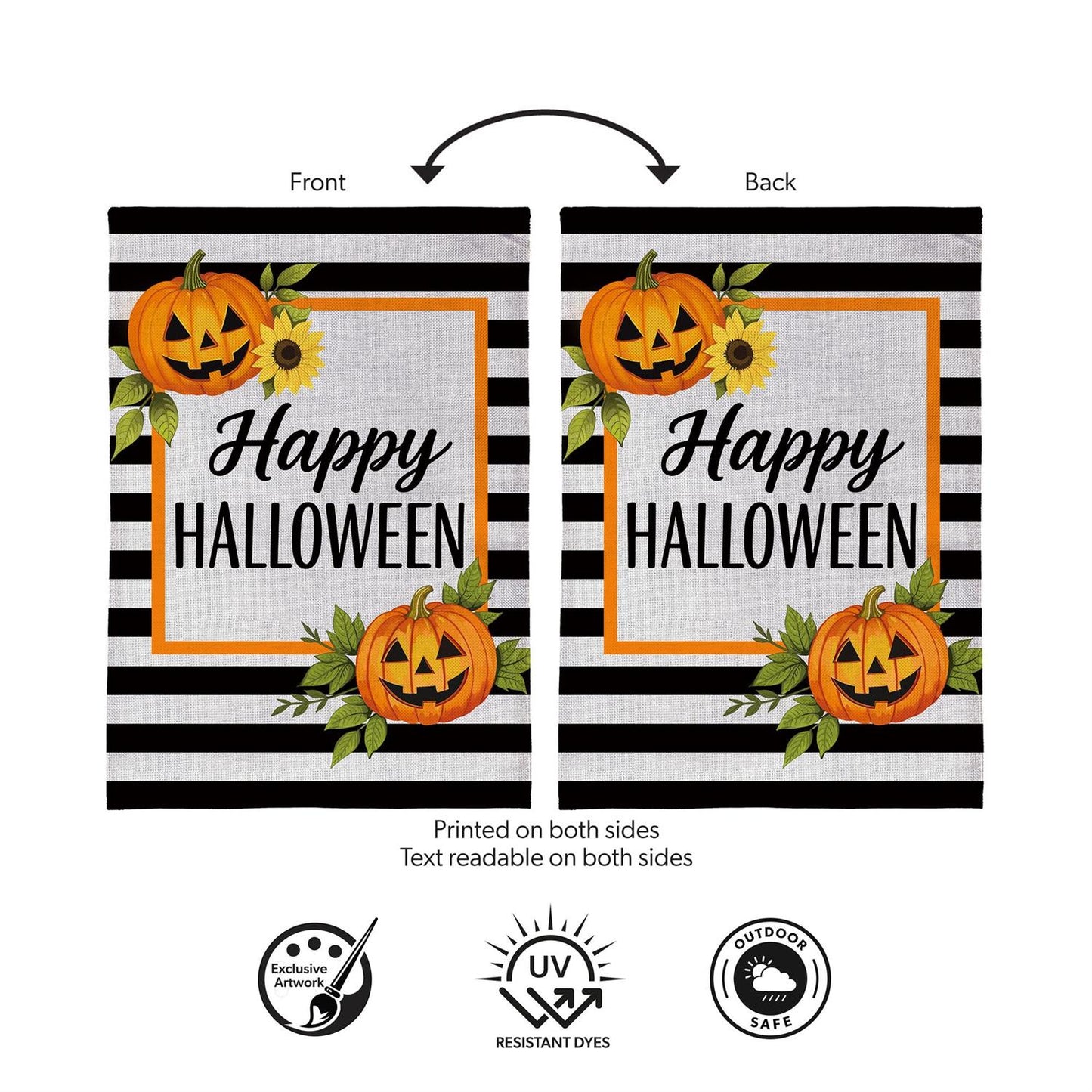 Happy Halloween Striped Jack O' Lanterns Burlap Garden Flag; Polyester 12.5"x18"