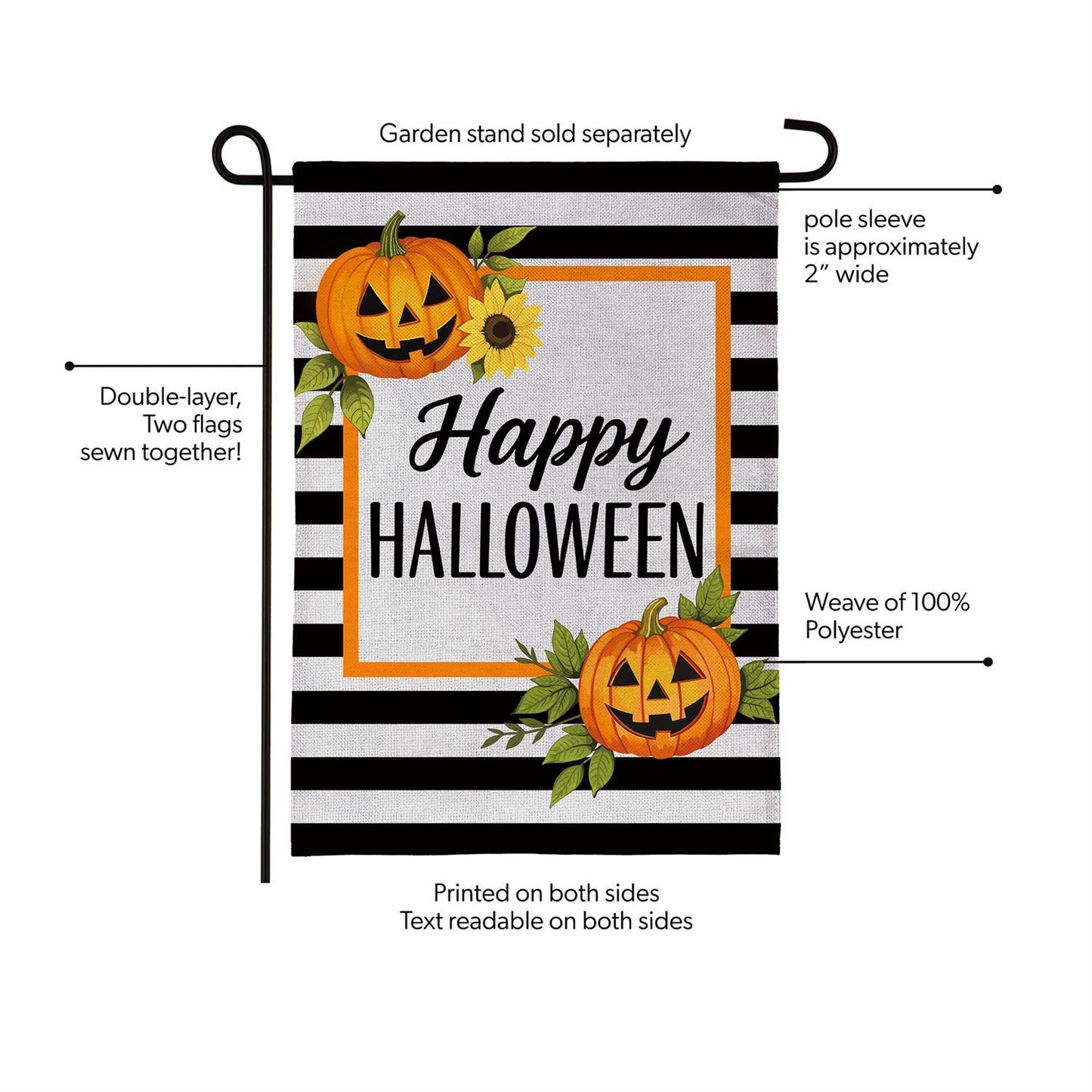 Happy Halloween Striped Jack O' Lanterns Burlap Garden Flag; Polyester 12.5"x18"