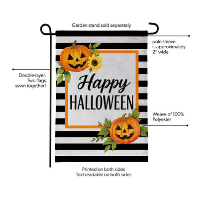 Happy Halloween Striped Jack O' Lanterns Burlap Garden Flag; Polyester 12.5"x18"