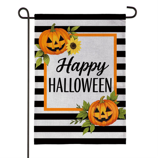 Happy Halloween Striped Jack O' Lanterns Burlap Garden Flag; Polyester 12.5"x18"