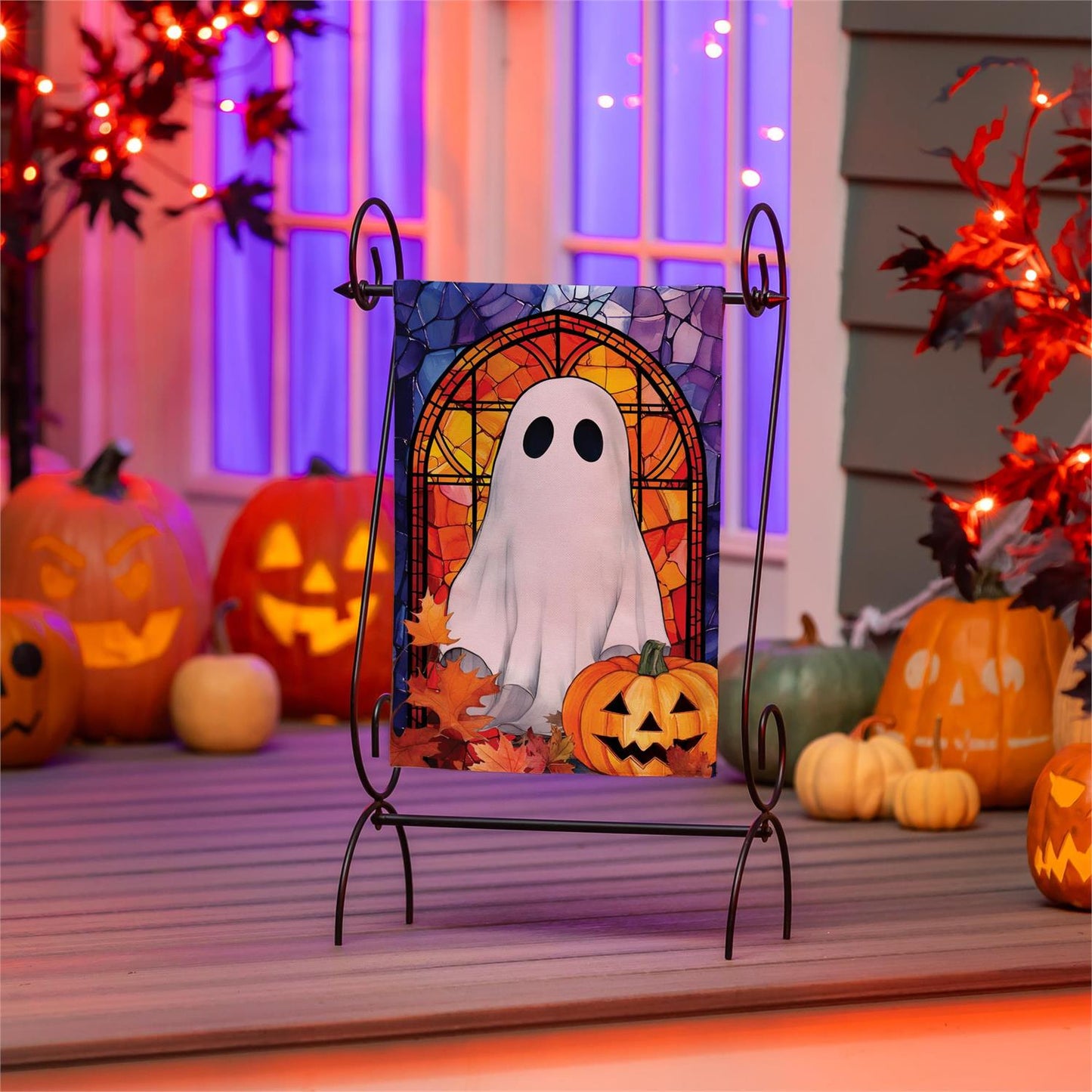 Stained Glass Halloween Ghost Burlap Garden Flag; Polyester 12.5"x18"