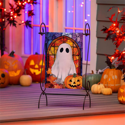 Stained Glass Halloween Ghost Burlap Garden Flag; Polyester 12.5"x18"
