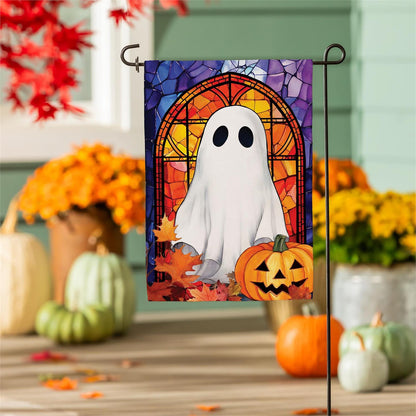Stained Glass Halloween Ghost Burlap Garden Flag; Polyester 12.5"x18"