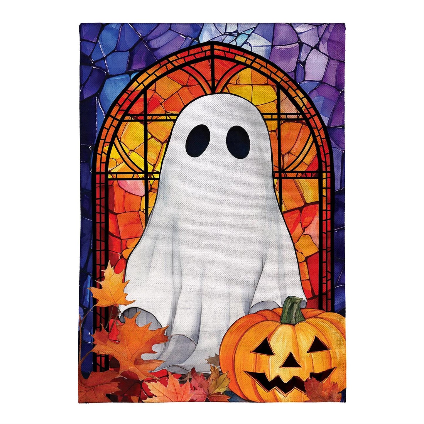 Stained Glass Halloween Ghost Burlap Garden Flag; Polyester 12.5"x18"