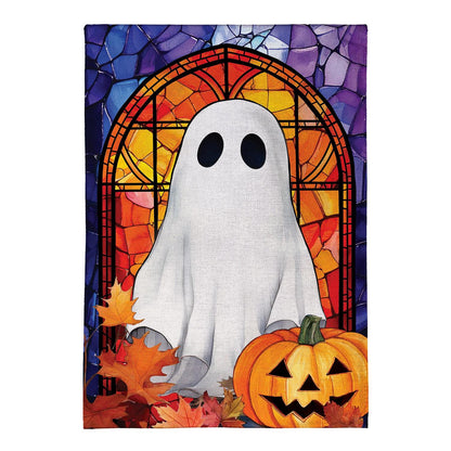 Stained Glass Halloween Ghost Burlap Garden Flag; Polyester 12.5"x18"