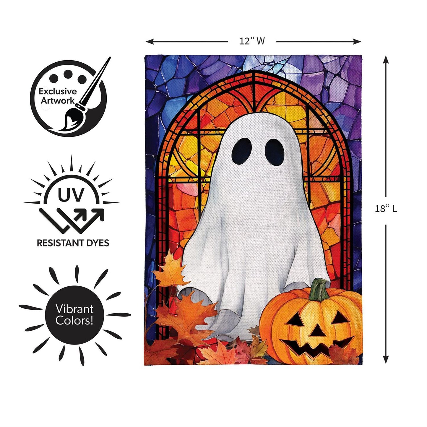 Stained Glass Halloween Ghost Burlap Garden Flag; Polyester 12.5"x18"