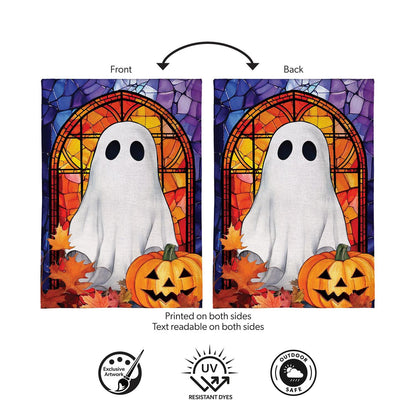 Stained Glass Halloween Ghost Burlap Garden Flag; Polyester 12.5"x18"