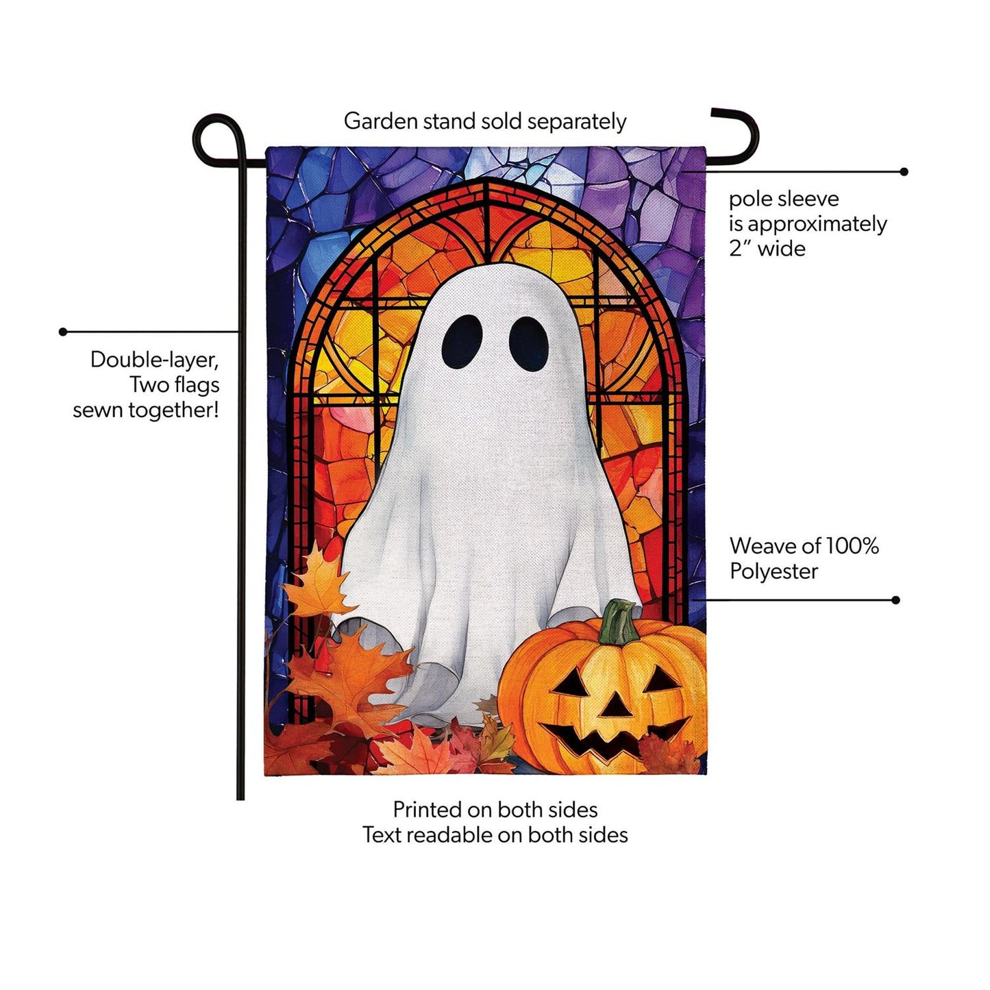 Stained Glass Halloween Ghost Burlap Garden Flag; Polyester 12.5"x18"