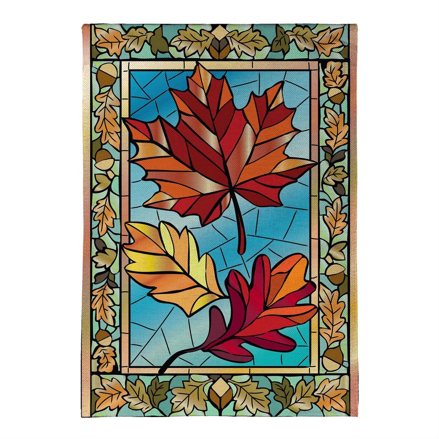 Autumn Leaves Stained Glass Burlap Garden Flag; Polyester 12.5"x18"