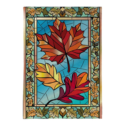 Autumn Leaves Stained Glass Burlap Garden Flag; Polyester 12.5"x18"
