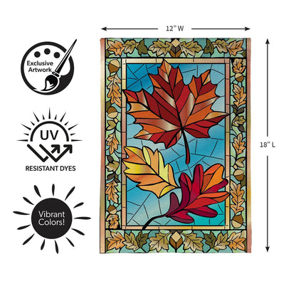 Autumn Leaves Stained Glass Burlap Garden Flag; Polyester 12.5"x18"