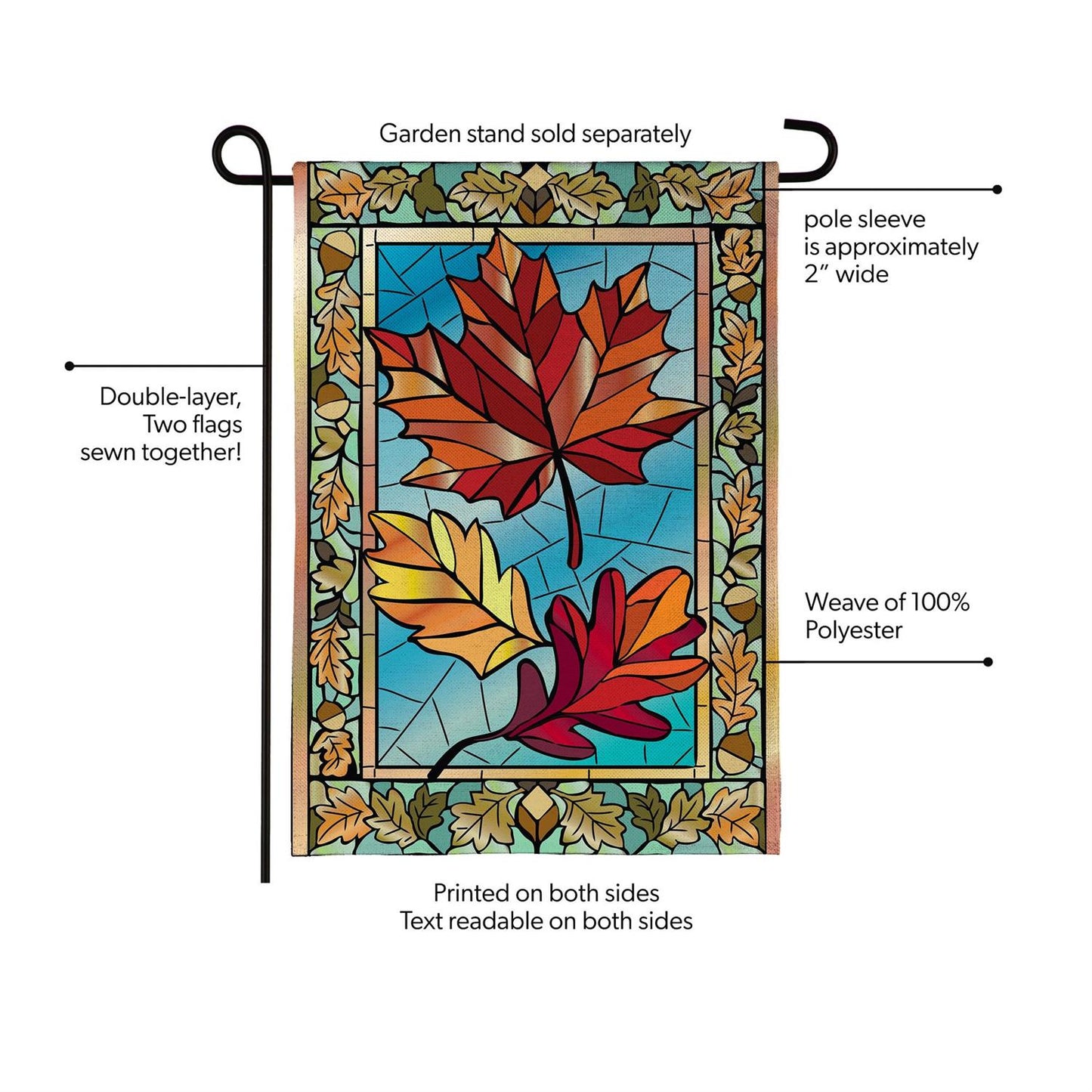 Autumn Leaves Stained Glass Burlap Garden Flag; Polyester 12.5"x18"