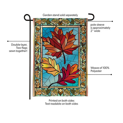 Autumn Leaves Stained Glass Burlap Garden Flag; Polyester 12.5"x18"