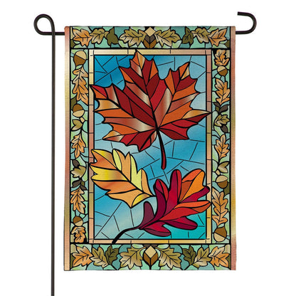 Autumn Leaves Stained Glass Burlap Garden Flag; Polyester 12.5"x18"