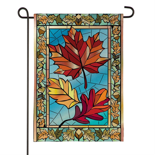 Autumn Leaves Stained Glass Burlap Garden Flag; Polyester 12.5"x18"