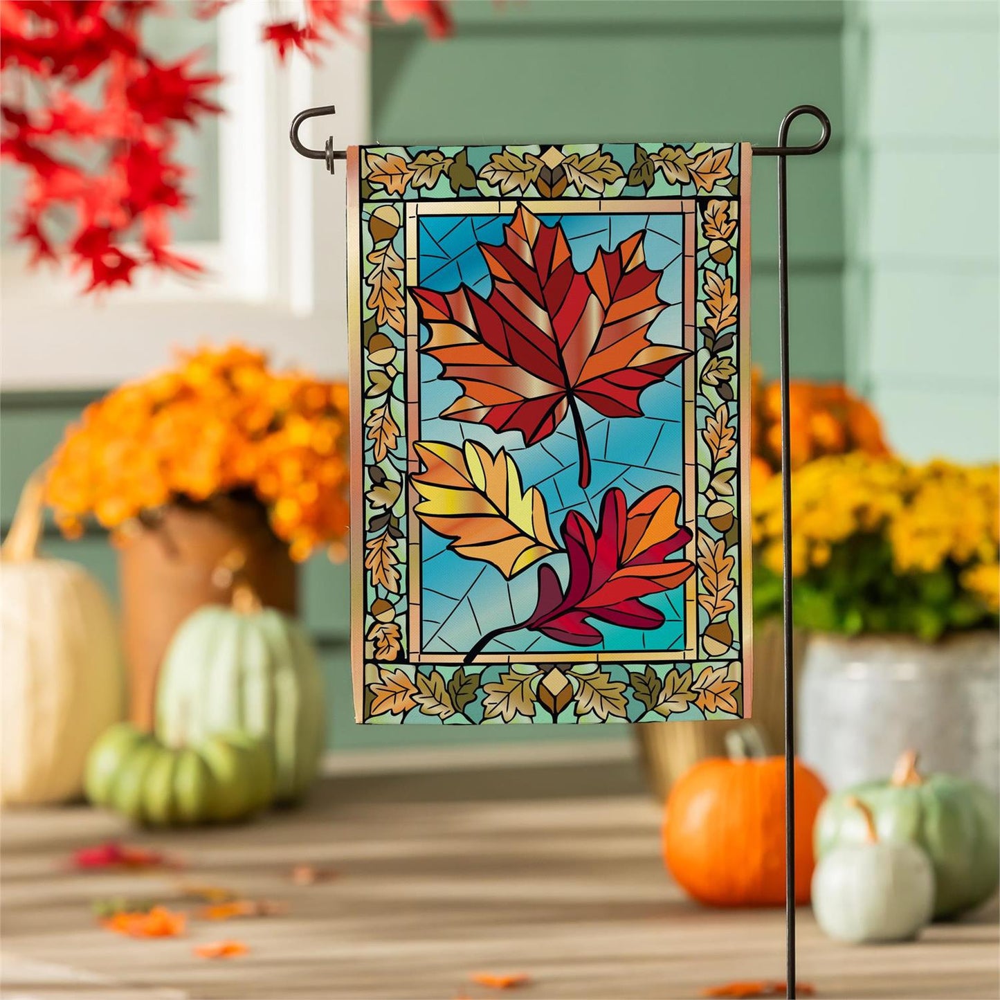 Autumn Leaves Stained Glass Burlap Garden Flag; Polyester 12.5"x18"