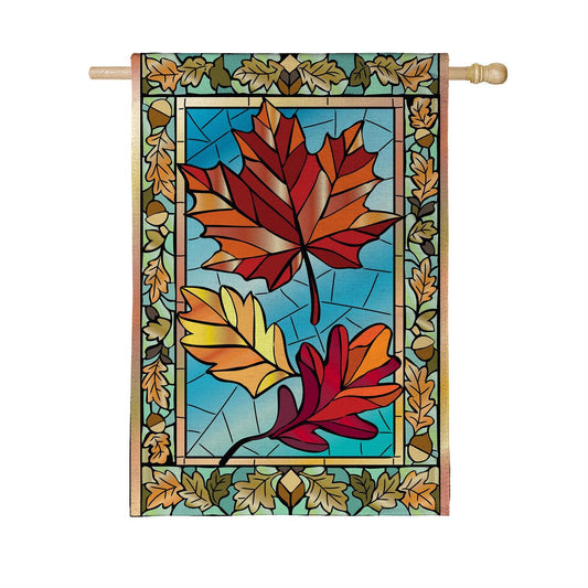 Autumn Leaves Stained Glass Burlap House Flag; Polyester 28"x44"