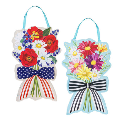 Daisy Bow & Patriotic Bow Bouquet Double Sided Door Hanger; Burlap
