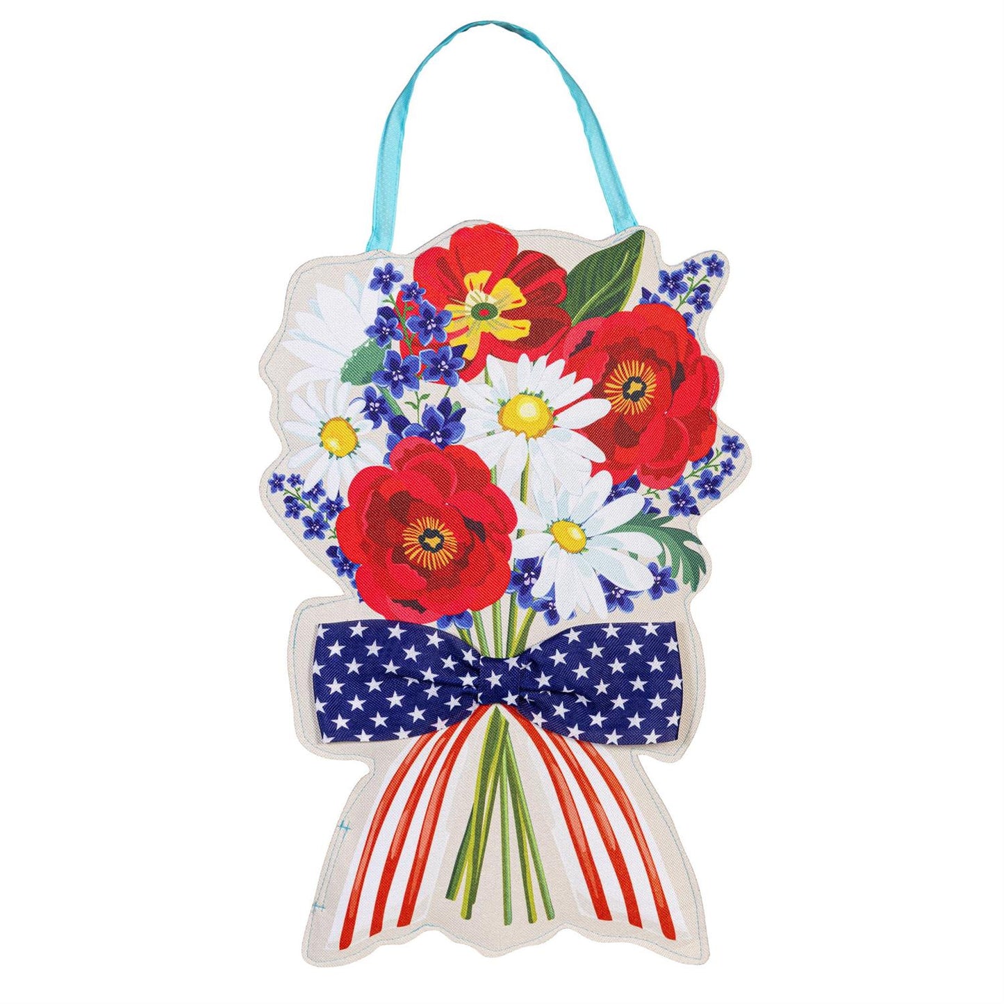 Daisy Bow & Patriotic Bow Bouquet Double Sided Door Hanger; Burlap
