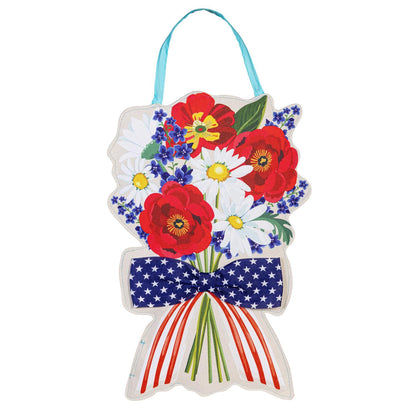 Daisy Bow & Patriotic Bow Bouquet Double Sided Door Hanger; Burlap